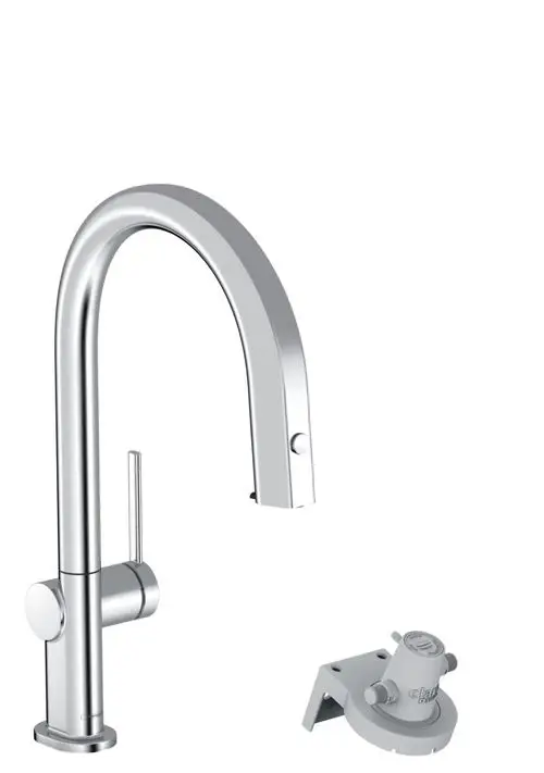 Chromfarbener Küchenarmatur mit hohem Auslauf und integrierten Bedienelementen. Hansgrohe ist in der Konstruktion und dem Design des Produkts erkennbar.